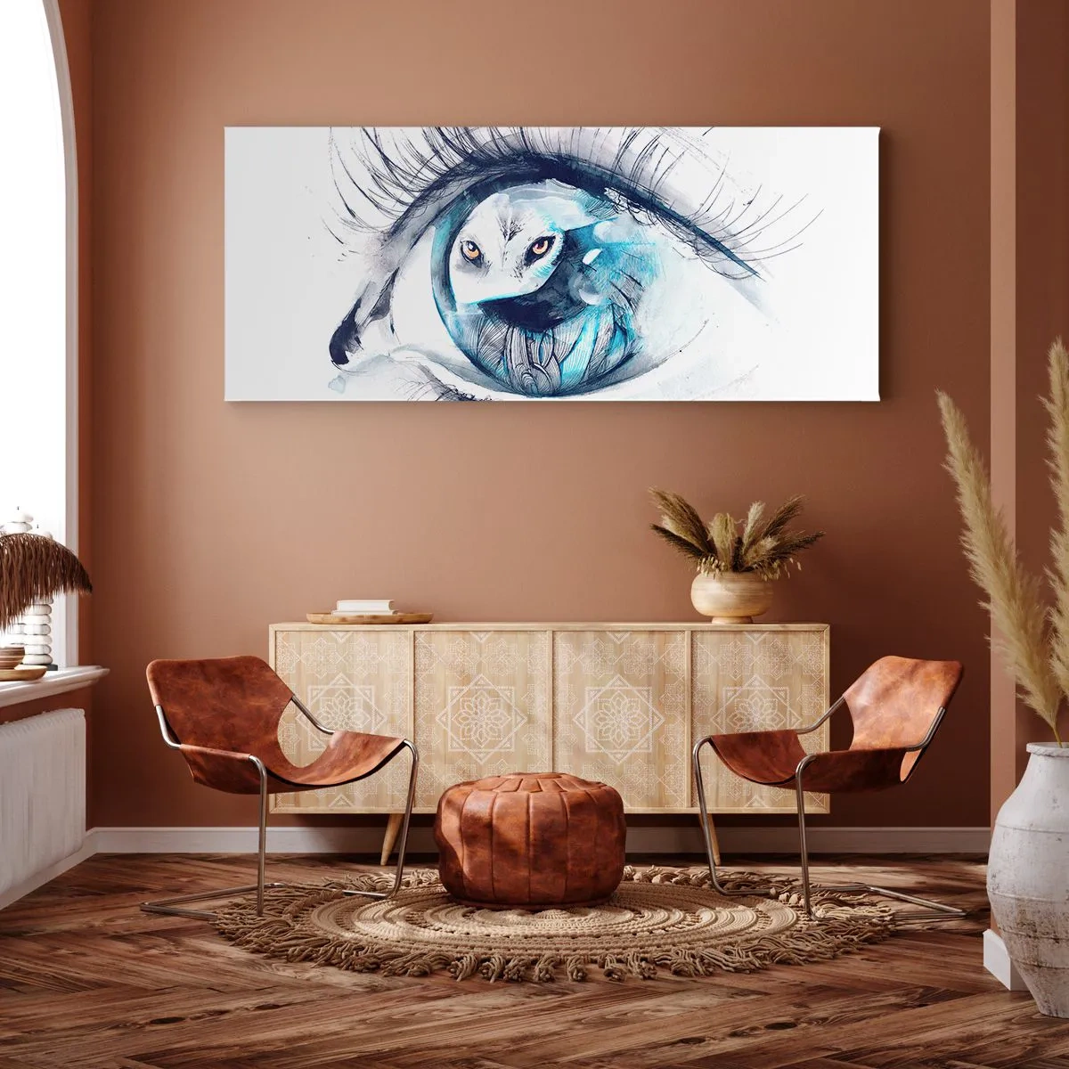 Cuadro sobre lienzo - Impresión de Imagen - Un ojo con la imagen de un búho en tonos de acuarela azul. - 140x50cm - Ojo con la naturaleza - Decoración de pared moderna para salón y dormitorio ARTTOR