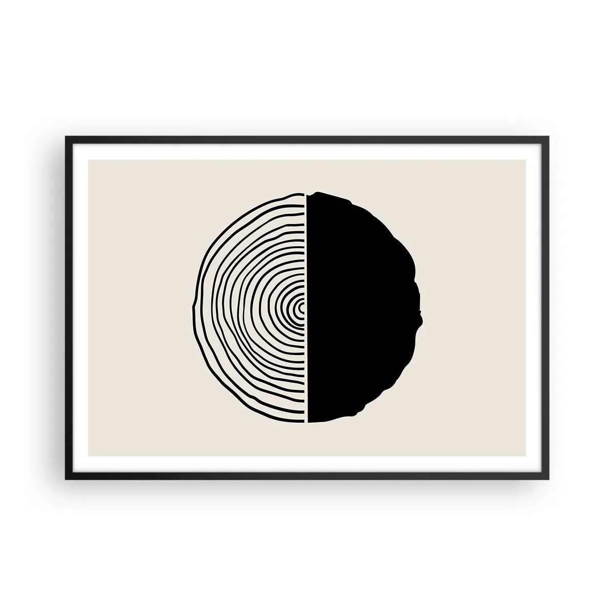 Póster en marco negro - Un motivo abstracto en blanco y negro inspirado en una sección transversal de madera con una división geométrica. - 100x70cm - Mitad y mitad - Decoración de pared moderna para salón y dormitorio ARTTOR