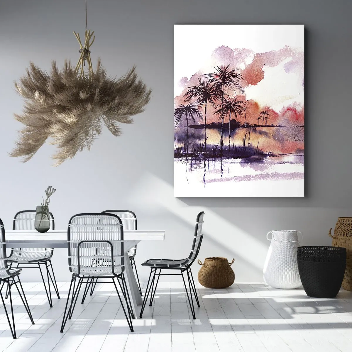 Cuadro sobre lienzo - Impresión de Imagen - Paisaje tropical con palmeras al atardecer en acuarela. - 80x120cm - La calma de los trópicos en rojo - Decoración de pared moderna para salón y dormitorio ARTTOR