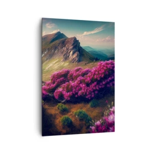 Cuadro sobre lienzo - Impresión de Imagen - Paisaje de montaña con rododendros en flor - 70x100cm - Verano en las montañas - Decoración de pared moderna para salón y dormitorio ARTTOR