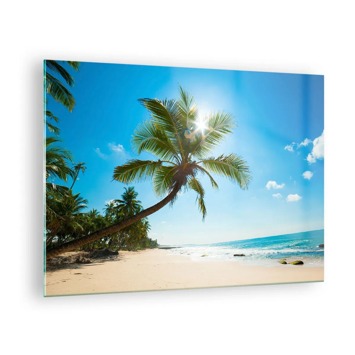 Cuadro sobre vidrio - Impresiones sobre Vidrio - Playa tropical con palmeras y cielo azul. - 70x50cm - Mi lugar privado - Decoración de pared moderna para salón y dormitorio ARTTOR