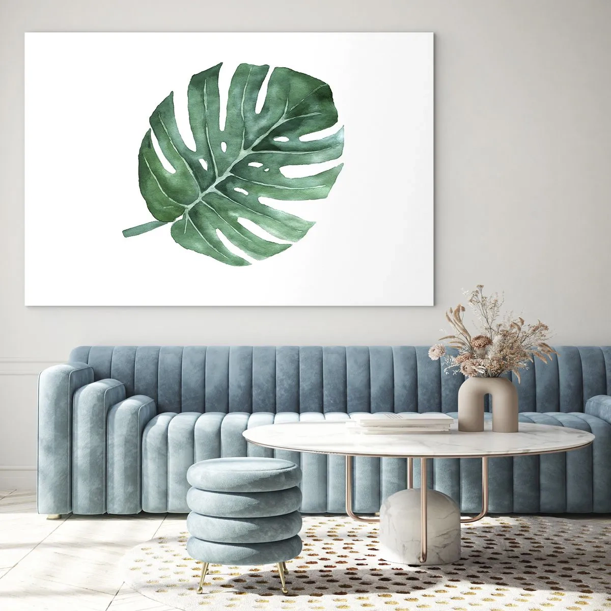 Cuadro sobre vidrio - Impresiones sobre Vidrio - Hoja de monstera verde sobre fondo blanco - 120x80cm - Concepto verde - Decoración de pared moderna para salón y dormitorio ARTTOR