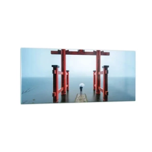 Cuadro sobre vidrio - Impresiones sobre Vidrio - Una puerta torii con vistas a un lago tranquilo en Japón - 120x50cm - Ensueño japonés - Decoración de pared moderna para salón y dormitorio ARTTOR