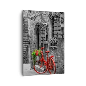 Cuadro sobre lienzo - Impresión de Imagen - Una bicicleta roja en una calle en blanco y negro. - 50x70cm - Callejón de la Toscana - Decoración de pared moderna para salón y dormitorio ARTTOR