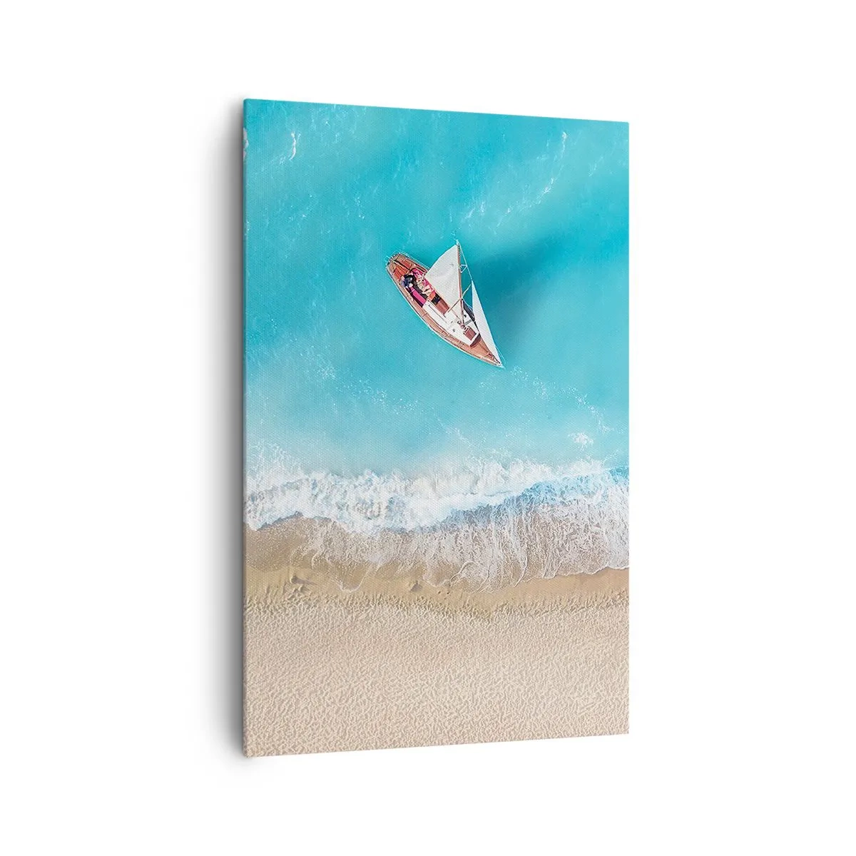 Cuadro sobre lienzo - Impresión de Imagen - Una vista de pájaro de un barco en la playa. - 80x120cm - Frontera celeste y dorada - Decoración de pared moderna para salón y dormitorio ARTTOR