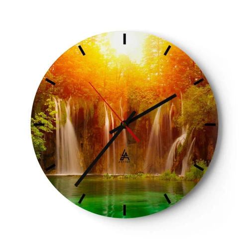 Reloj de pared - Reloj de vidrio - Cascadas pintorescas a la luz del sol poniente - 30x30cm - Sol y sombra - Decoración de pared moderna para salón, cocina y dormitorio ARTTOR