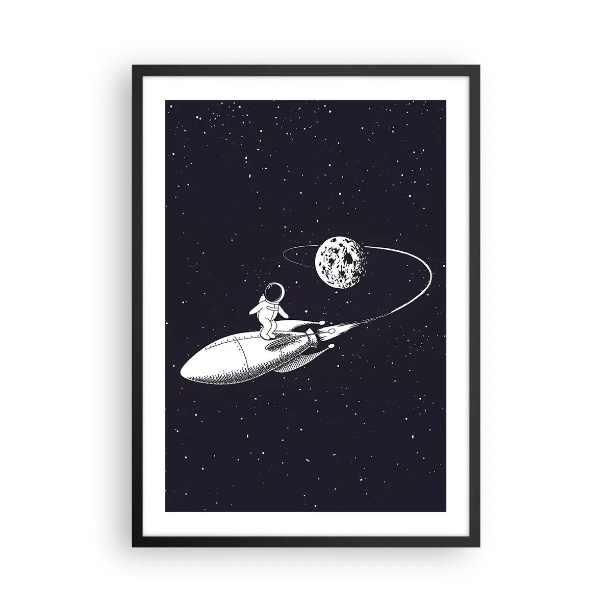 Póster en marco negro - Un astronauta de pie en un cohete volando en el espacio. - 50x70cm - Surfista espacial - Decoración de pared moderna para salón y dormitorio ARTTOR