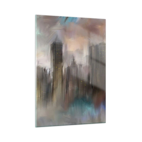 Cuadro sobre vidrio - Impresiones sobre Vidrio - Imagen abstracta de una ciudad con rascacielos. - 50x70cm - Una composición de acero, piedra y niebla - Decoración de pared moderna para salón y dormitorio ARTTOR