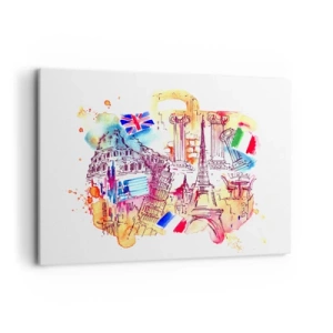 Cuadro sobre lienzo - Impresión de Imagen - Acuarela de símbolos europeos con banderas de países. - 100x70cm - Gira europea - Decoración de pared moderna para salón y dormitorio ARTTOR