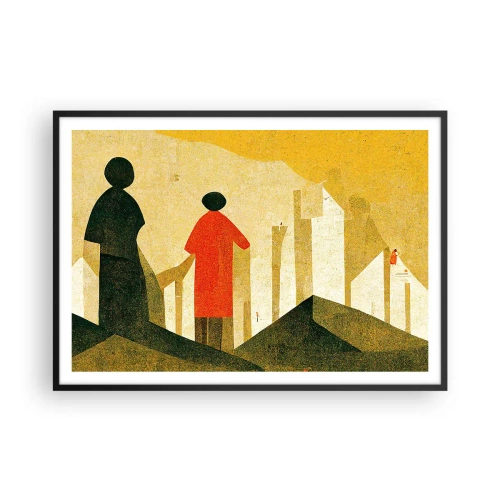 Póster en marco negro - Siluetas geométricas en rojo y verde sobre un fondo amarillo. - 100x70cm - Todavía lejos del destino - Decoración de pared moderna para salón y dormitorio ARTTOR