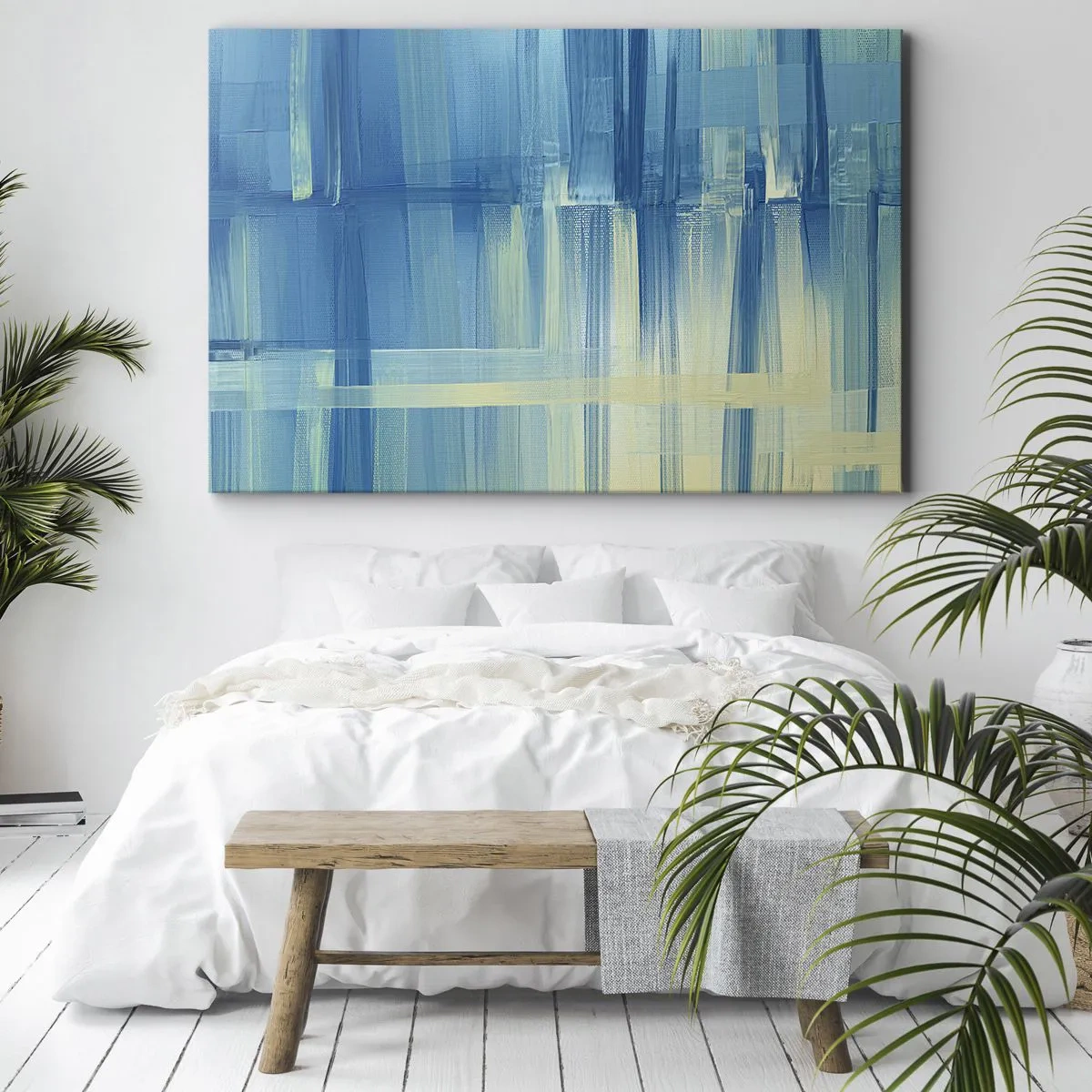 Cuadro sobre lienzo - Impresión de Imagen - Un cuadro abstracto en tonos turquesa y azul con pinceladas geométricas. - 70x50cm - Composición en turquesa - Decoración de pared moderna para salón y dormitorio ARTTOR