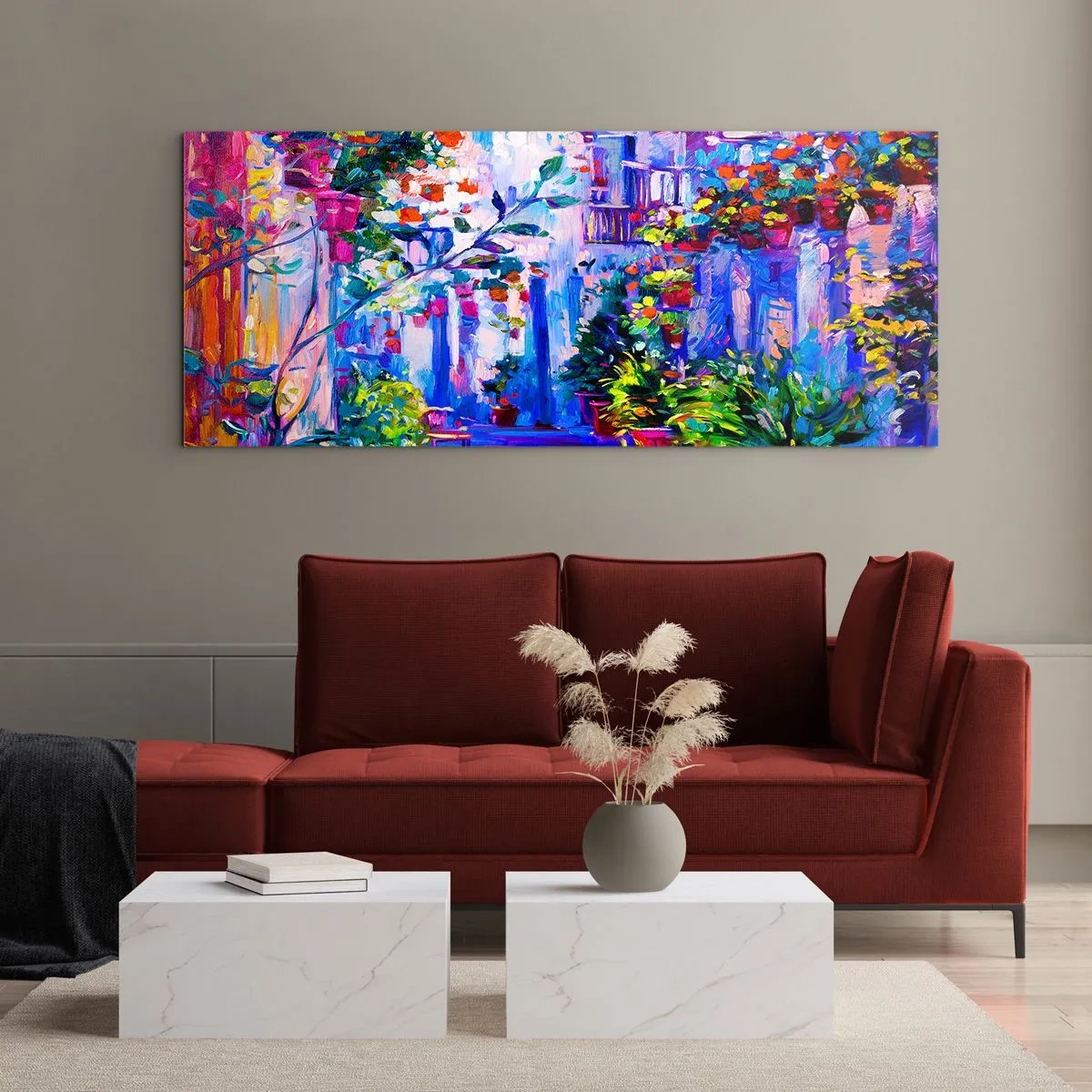 Cuadro sobre vidrio - Impresiones sobre Vidrio - Una calle colorida y llena de flores. - 160x50cm - Impresión - una calle italiana - Decoración de pared moderna para salón y dormitorio ARTTOR