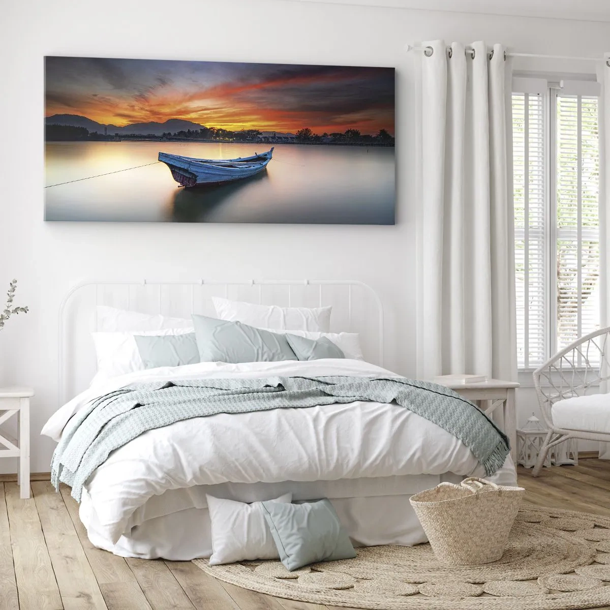 Cuadro sobre lienzo - Impresión de Imagen - Un barco en el agua durante una pintoresca puesta de sol. - 120x50cm - Se avecina una buena noche - Decoración de pared moderna para salón y dormitorio ARTTOR