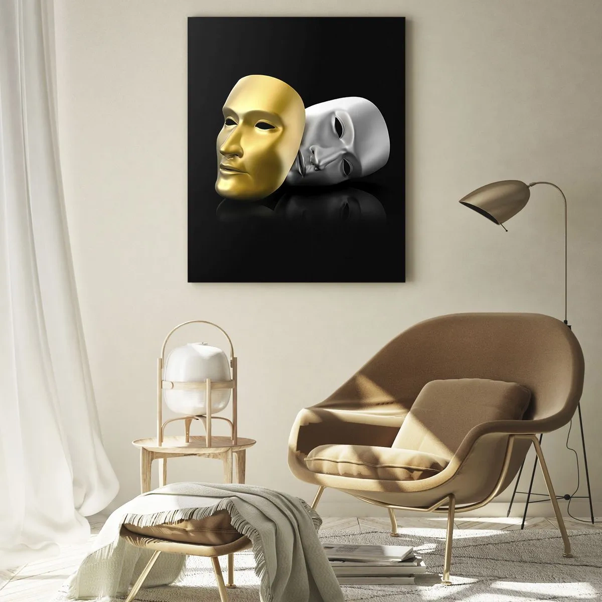 Cuadro sobre vidrio - Impresiones sobre Vidrio - Máscara de oro y plata sobre fondo negro. - 50x70cm - La vida es un teatro - Decoración de pared moderna para salón y dormitorio ARTTOR
