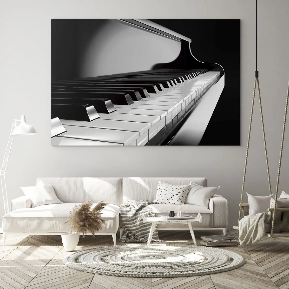 Cuadro sobre vidrio - Impresiones sobre Vidrio - Teclado de piano en blanco y negro en perspectiva - 120x80cm - Armonía musical - Decoración de pared moderna para salón y dormitorio ARTTOR