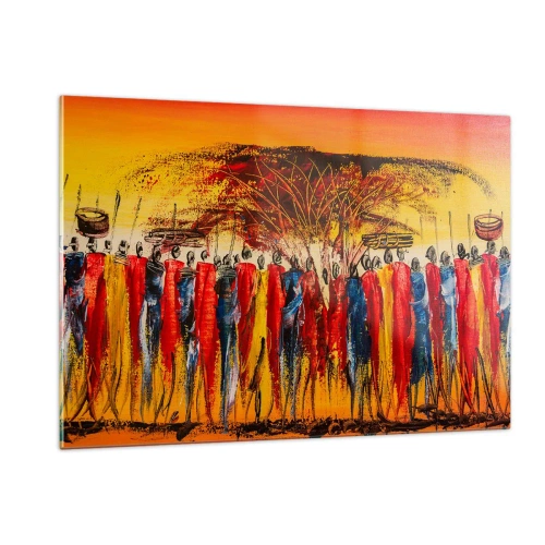 Cuadro sobre vidrio - Impresiones sobre Vidrio - Una escena colorida con personas con trajes tradicionales africanos. - 120x80cm - Allí, allí, allí van - Decoración de pared moderna para salón y dormitorio ARTTOR