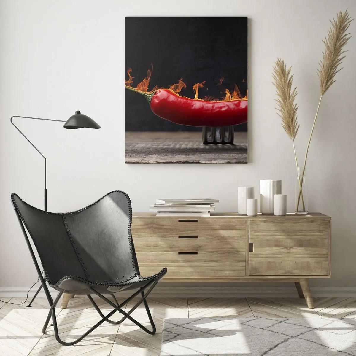Cuadro sobre vidrio - Impresiones sobre Vidrio - Pimiento rojo ardiente sobre un fondo negro - 50x70cm - Un aperitivo ardiente - Decoración de pared moderna para salón y dormitorio ARTTOR