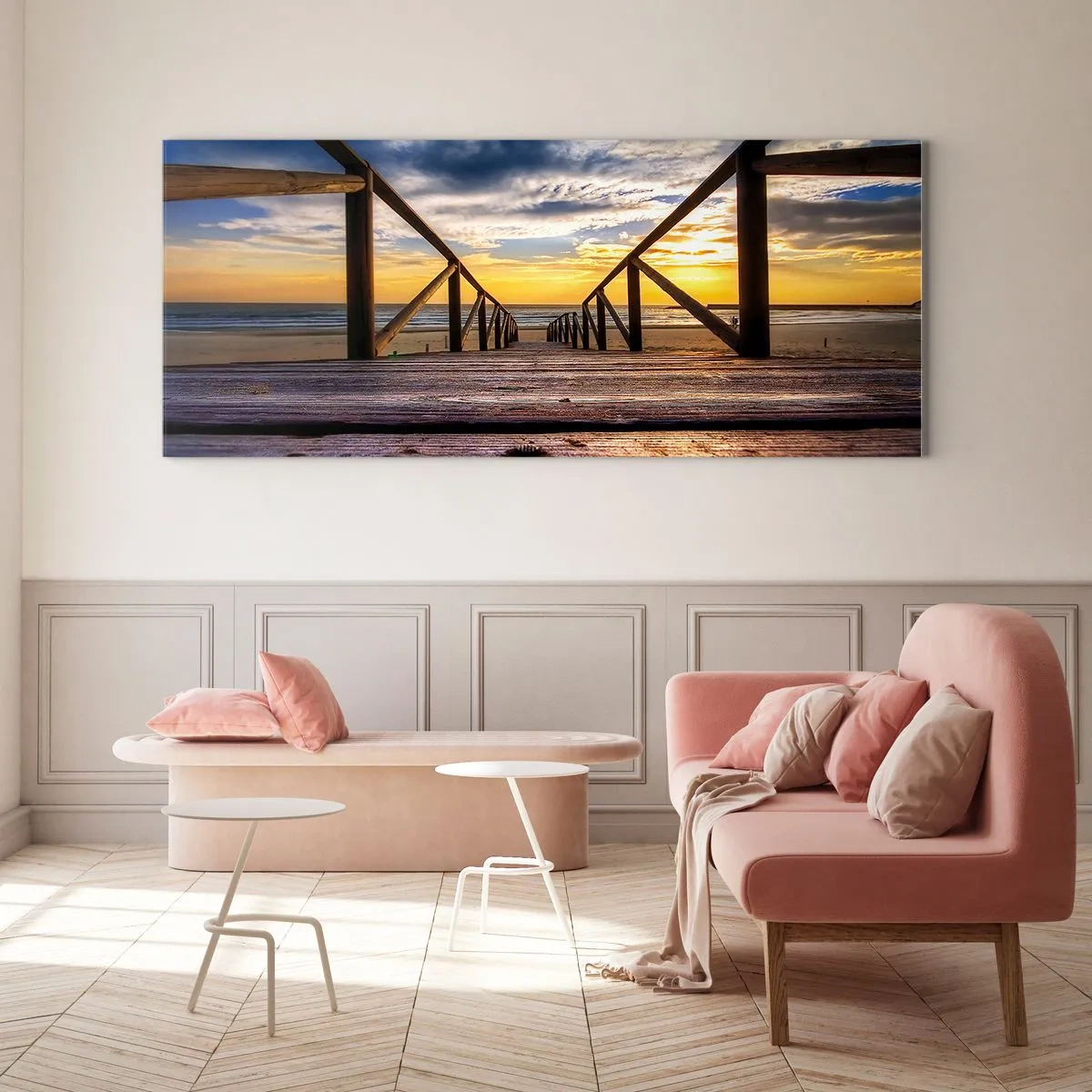 Cuadro sobre vidrio - Impresiones sobre Vidrio - Muelle de madera que conduce a la playa al atardecer - 160x50cm - Directamente hacia una playa tranquila al atardecer - Decoración de pared moderna para salón y dormitorio ARTTOR