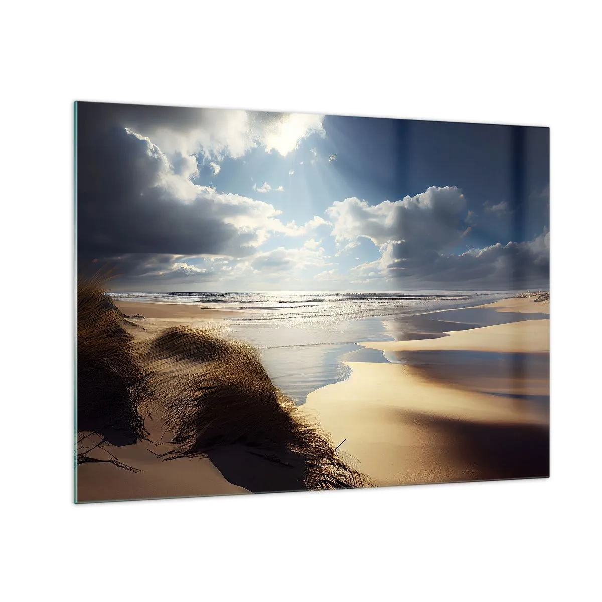 Cuadro sobre vidrio - Impresiones sobre Vidrio - Una playa salvaje iluminada por los rayos del sol debajo de las nubes. - 70x50cm - Playa, playa salvaje - Decoración de pared moderna para salón y dormitorio ARTTOR