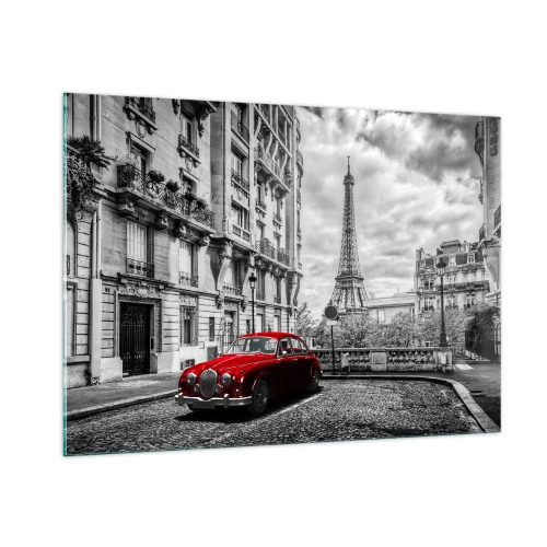 Cuadro sobre vidrio - Impresiones sobre Vidrio - Coche rojo frente a la Torre Eiffel en París en blanco y negro - 100x70cm - Un depredador en la ciudad - Decoración de pared moderna para salón y dormitorio ARTTOR