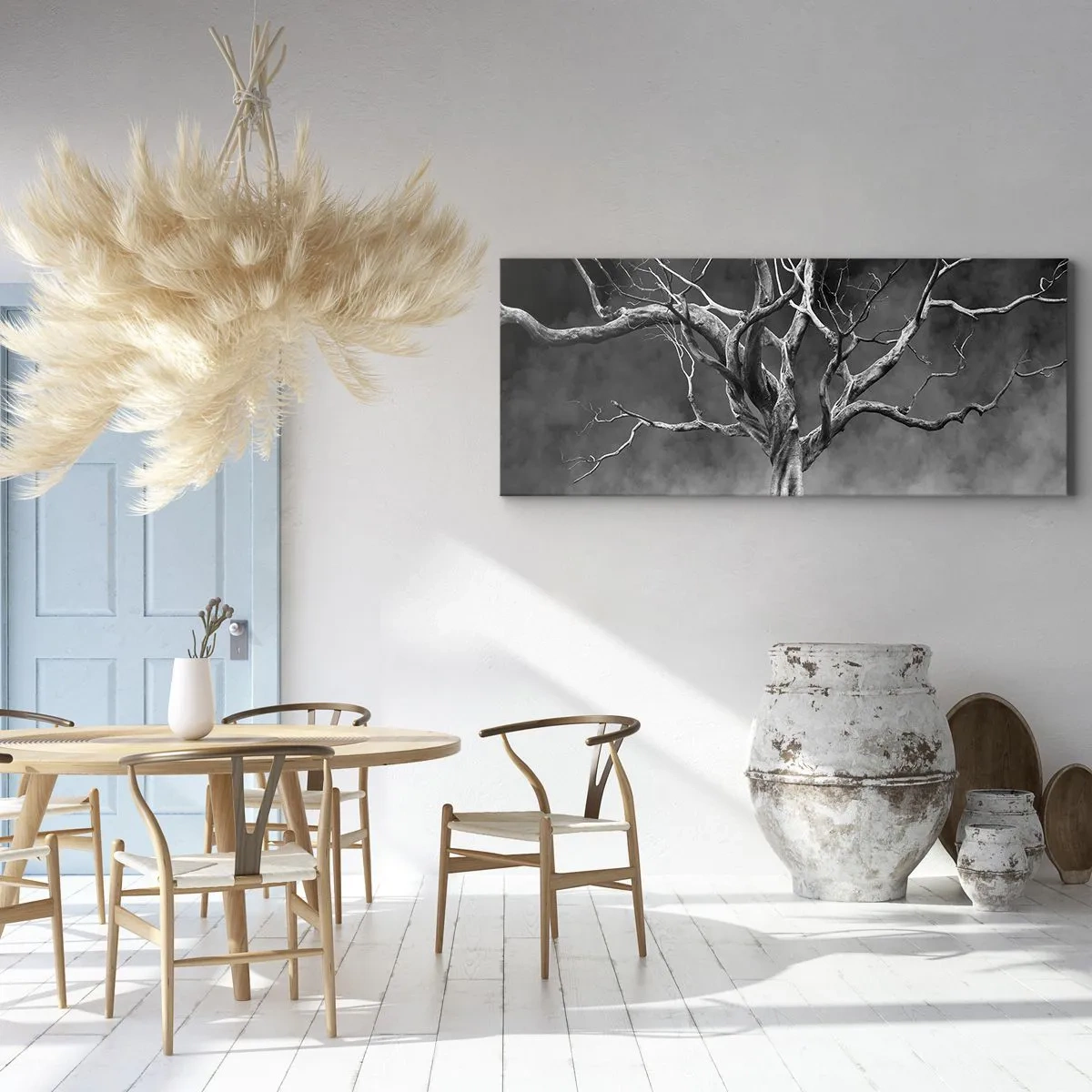Cuadro sobre lienzo - Impresión de Imagen - Un árbol seco en blanco y negro contra la niebla. - 140x50cm - Primordial y sagrado - Decoración de pared moderna para salón y dormitorio ARTTOR