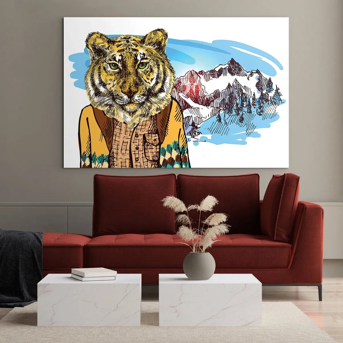Cuadro sobre vidrio - Impresiones sobre Vidrio - Un tigre con chaleco frente a un paisaje montañoso. - 70x50cm - No es tan salvaje como dicen - Decoración de pared moderna para salón y dormitorio ARTTOR