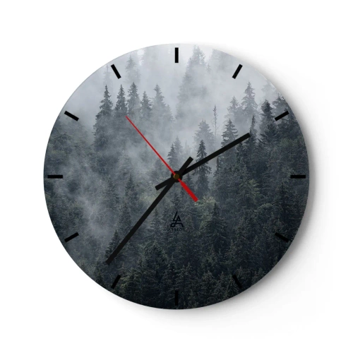 Reloj de pared - Reloj de vidrio - Un bosque de coníferas brumoso en una toma oscura y melancólica - 30x30cm - Amanecer en el bosque - Decoración de pared moderna para salón, cocina y dormitorio ARTTOR