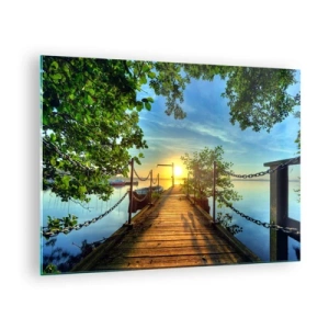 Cuadro sobre vidrio - Impresiones sobre Vidrio - Un muelle con vistas a la puesta de sol sobre el lago. - 70x50cm - Atardecer junto al agua - Decoración de pared moderna para salón y dormitorio ARTTOR