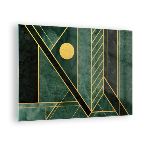 Cuadro sobre vidrio - Impresiones sobre Vidrio - Abstracción geométrica verde y dorada en estilo Art Déco - 70x50cm - La dinámica del oro y el azul - Decoración de pared moderna para salón y dormitorio ARTTOR