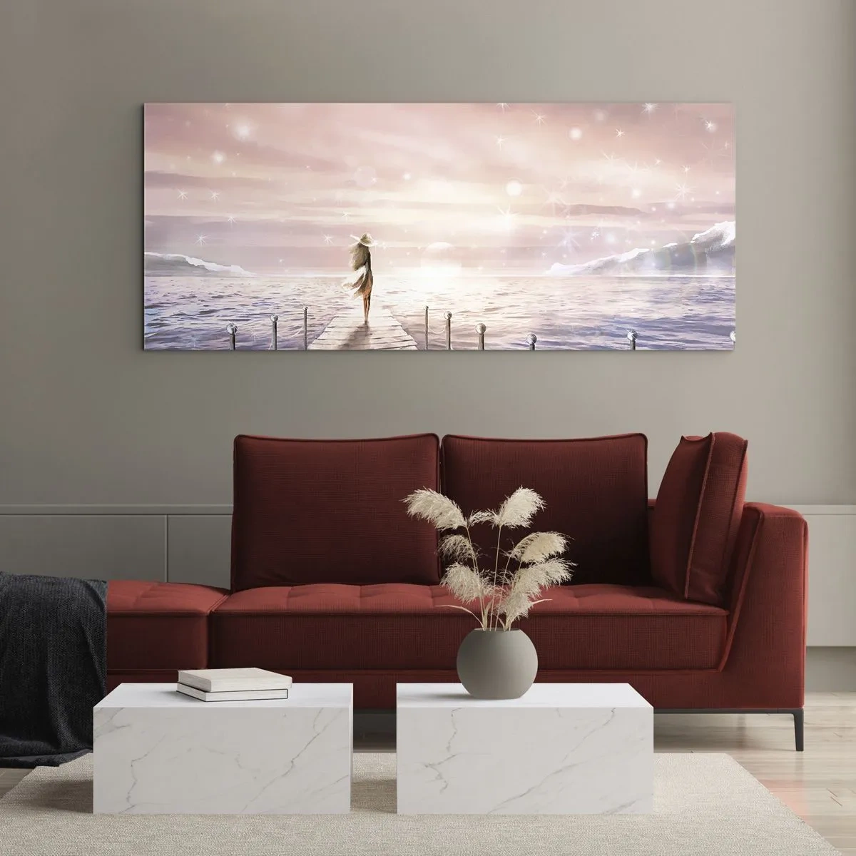 Cuadro sobre vidrio - Impresiones sobre Vidrio - Una mujer en un embarcadero en un entorno mágico de puesta de sol. - 160x50cm - A la luz de un sueño - Decoración de pared moderna para salón y dormitorio ARTTOR