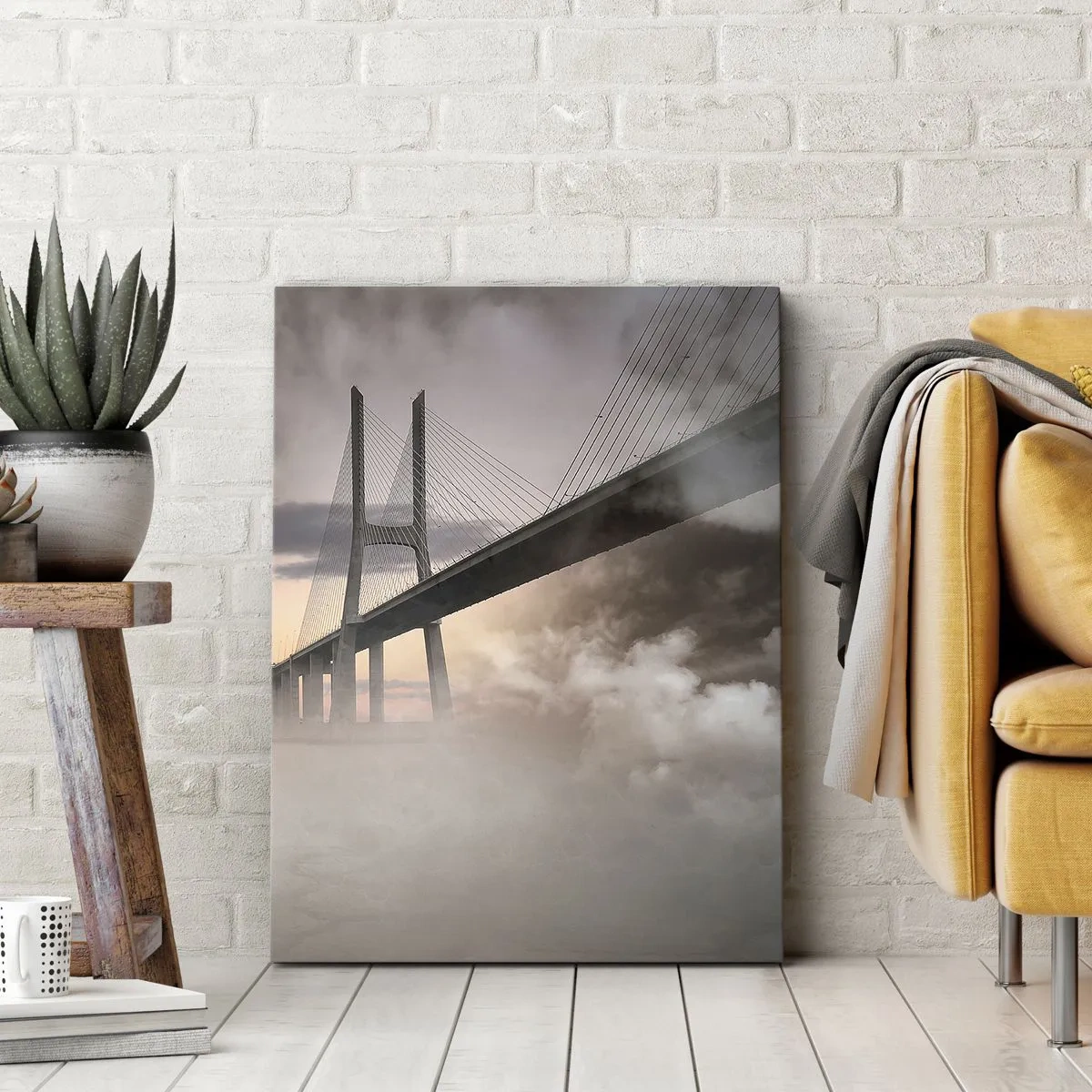 Cuadro sobre lienzo - Impresión de Imagen - Un puente sobre un río rodeado de niebla por la mañana. - 70x100cm - Junto al río que no existe - Decoración de pared moderna para salón y dormitorio ARTTOR