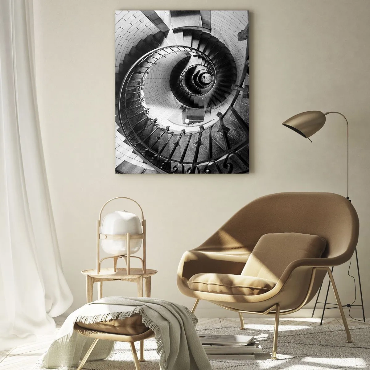 Cuadro sobre vidrio - Impresiones sobre Vidrio - Fotografía en blanco y negro de una escalera de caracol en perspectiva. - 50x70cm - Cada vez más alto - Decoración de pared moderna para salón y dormitorio ARTTOR