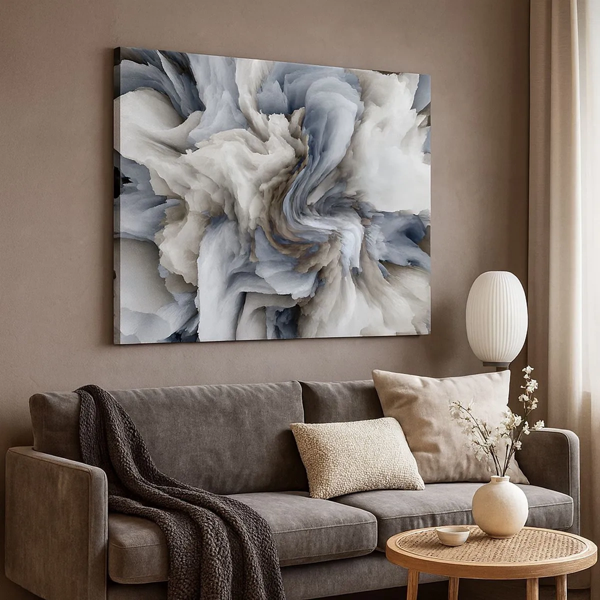 Cuadro sobre lienzo - Impresión de Imagen - Remolino abstracto en tonos de gris y azul. - 70x50cm - Piedra y flor - Decoración de pared moderna para salón y dormitorio ARTTOR