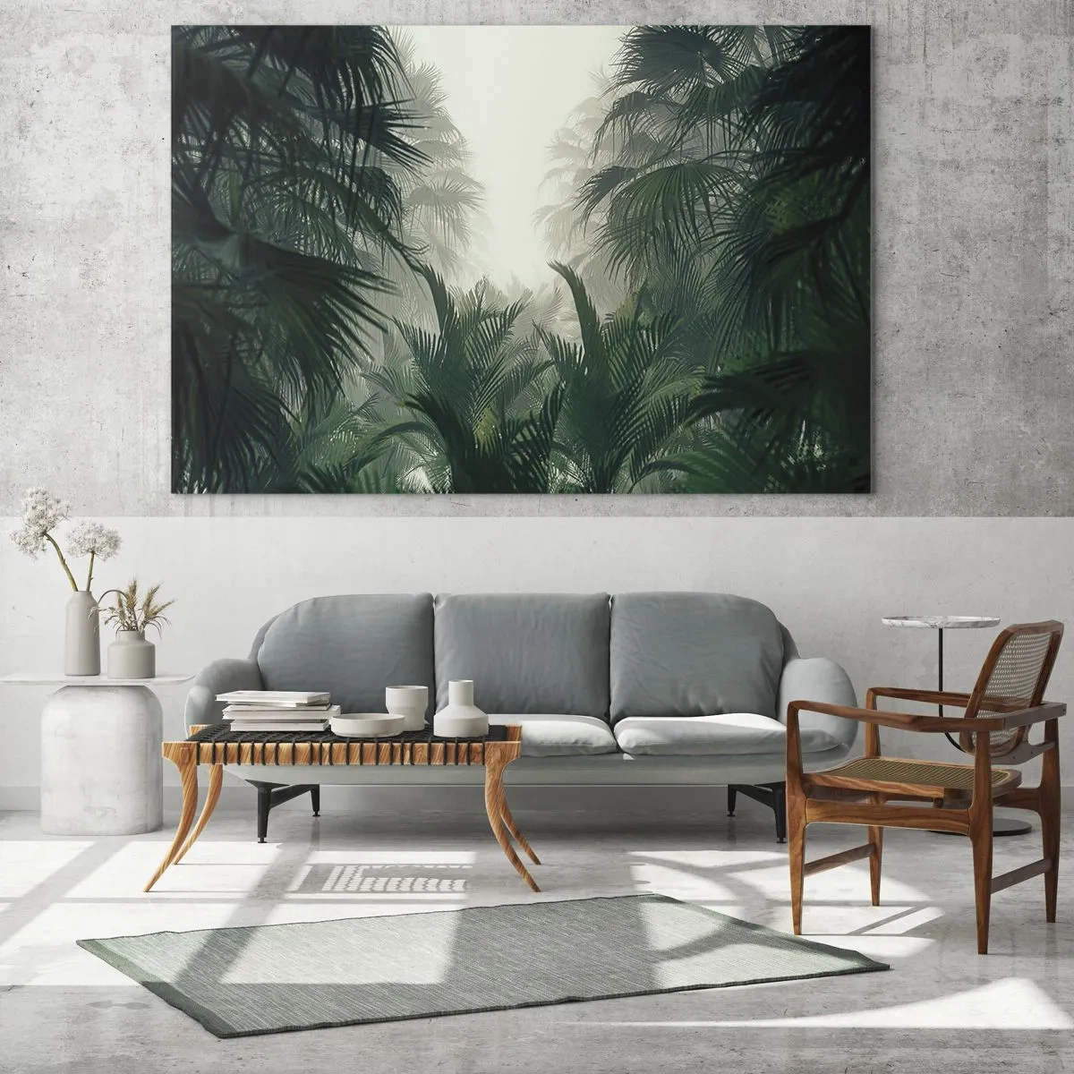 Cuadro sobre vidrio - Impresiones sobre Vidrio - Selva tropical envuelta en niebla - 70x50cm - Misterio tropical - Decoración de pared moderna para salón y dormitorio ARTTOR