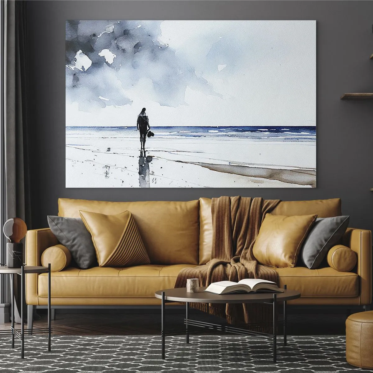 Cuadro sobre vidrio - Impresiones sobre Vidrio - Silueta de una persona en la orilla del mar en delicada acuarela - 70x50cm - Conversación con el mar - Decoración de pared moderna para salón y dormitorio ARTTOR