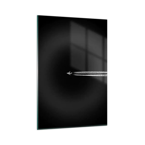 Cuadro sobre vidrio - Impresiones sobre Vidrio - Un avión a reacción con una estela de condensación visible sobre un fondo negro. - 80x120cm - En otra dimensión - Decoración de pared moderna para salón y dormitorio ARTTOR
