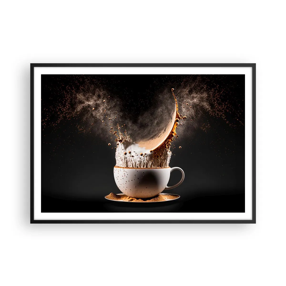 Póster en marco negro - Una taza de café con una explosión dinámica de líquido sobre un fondo negro. - 100x70cm - Una explosión de sabor - Decoración de pared moderna para salón y dormitorio ARTTOR