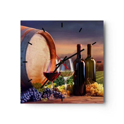 Reloj de pared - Reloj de vidrio - Vino, copas y un barril en un paisaje pintoresco. - 30x30cm - Aquí la vida tiene un sabor - Decoración de pared moderna para salón y dormitorio ARTTOR