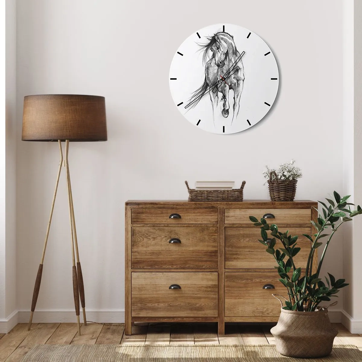 Reloj de pared - Reloj de vidrio - Un dibujo a lápiz de un caballo al galope sobre un fondo blanco. - 30x30cm - En un elegante trote - Decoración de pared moderna para salón, cocina y dormitorio ARTTOR