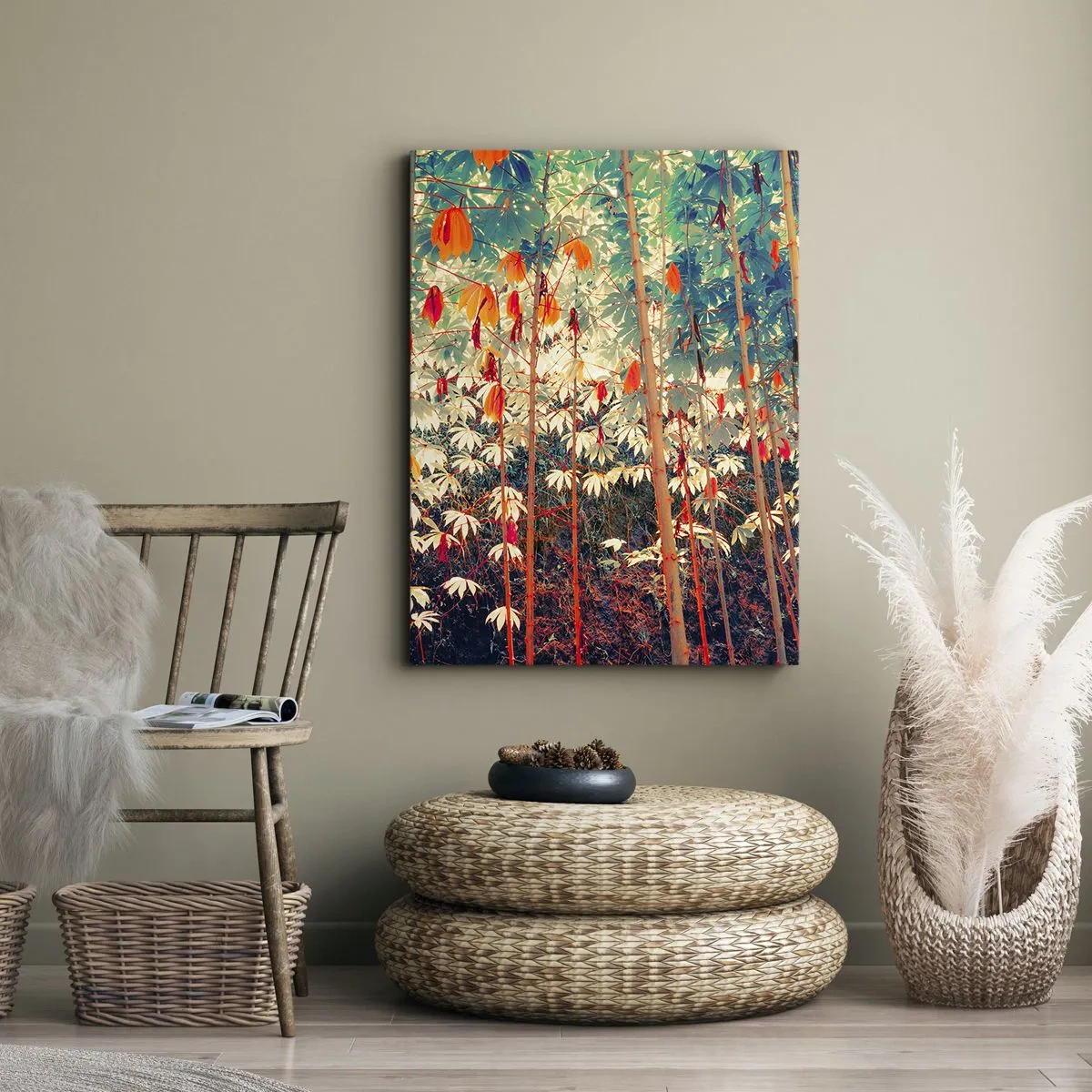 Cuadro sobre lienzo - Impresión de Imagen - Un colorido bosque de bambú con colores intensos. - 50x70cm - La vida secreta de las hojas - Decoración de pared moderna para salón y dormitorio ARTTOR