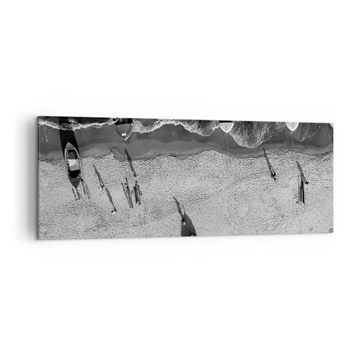Cuadro sobre lienzo - Impresión de Imagen - Vista aérea en blanco y negro de barcos en la playa. - 140x50cm - Aún en la orilla... - Decoración de pared moderna para salón y dormitorio ARTTOR