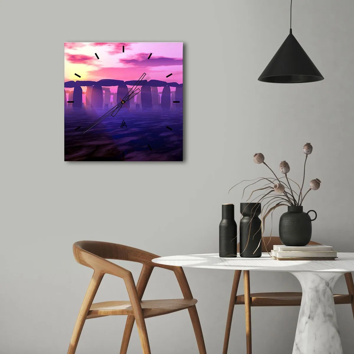 Reloj de pared - Reloj de vidrio - Círculo de piedras al atardecer con un cielo violeta - 30x30cm - Misterio al amanecer en la niebla - Decoración de pared moderna para salón y dormitorio ARTTOR
