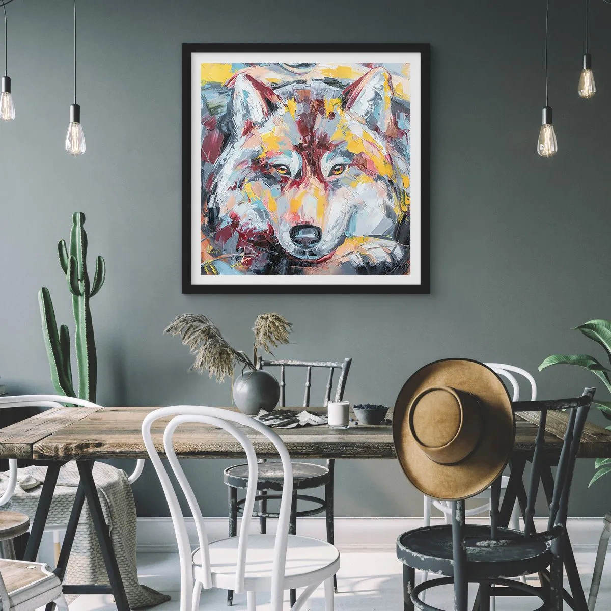 Póster en marco negro - Pinceladas de lobo - 40x40 cm