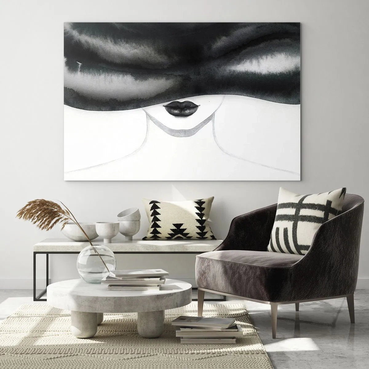 Cuadro sobre vidrio - Impresiones sobre Vidrio - Rostro misterioso con ojos cubiertos en acuarela en blanco y negro - 70x50cm - Un misterio sensual - Decoración de pared moderna para salón y dormitorio ARTTOR