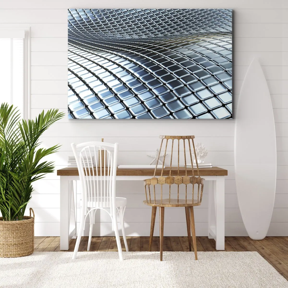 Cuadro sobre lienzo - Impresión de Imagen - Estructura moderna de cuadrados metálicos. - 70x50cm - Ola de plata - Decoración de pared moderna para salón y dormitorio ARTTOR