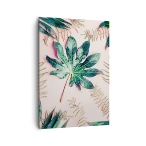 Cuadro sobre lienzo - Impresión de Imagen - Hojas tropicales sobre un fondo pastel claro. - 50x70cm - Estudio de vegetación sobre fondo rosa - Decoración de pared moderna para salón y dormitorio ARTTOR