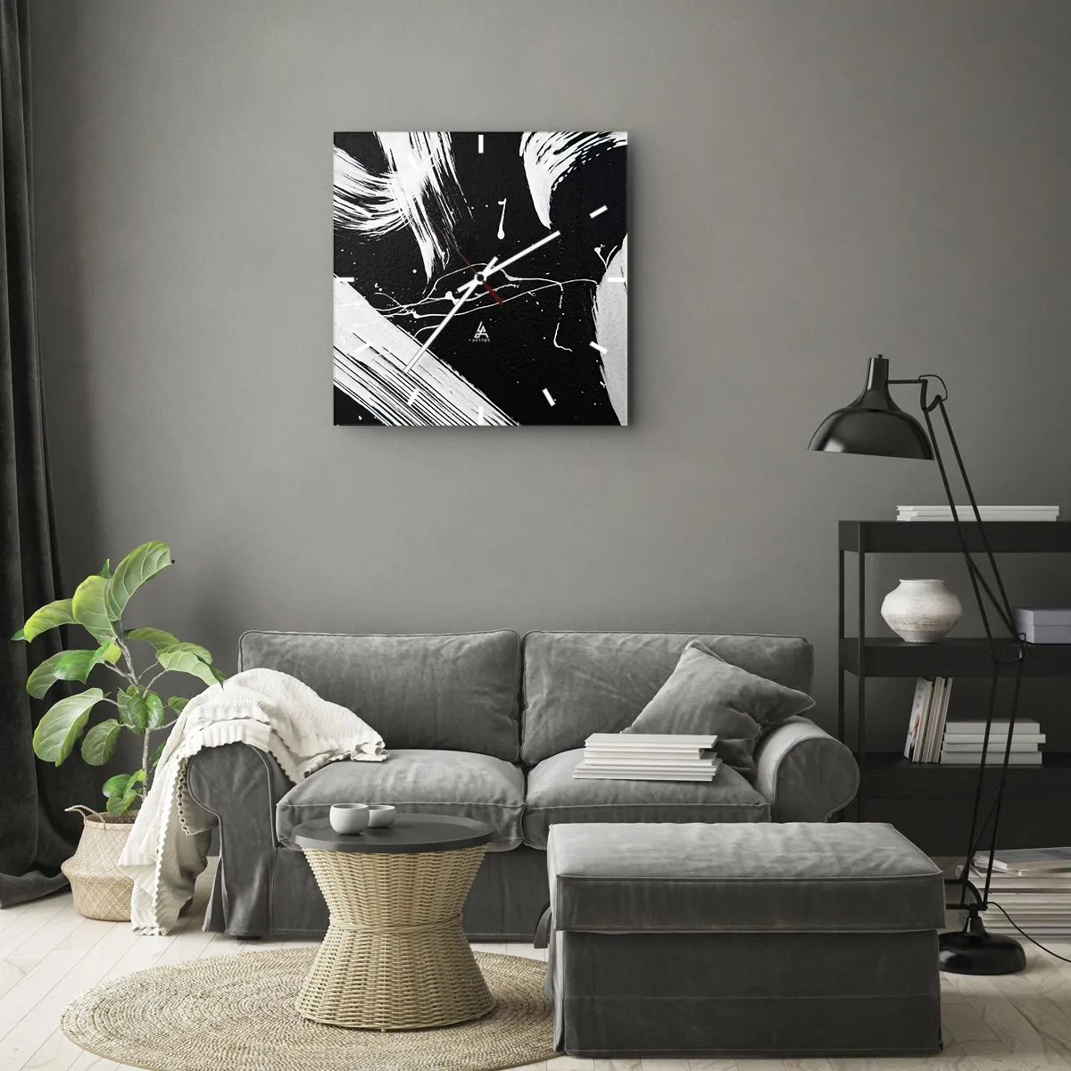 Reloj de pared - Reloj de vidrio - Trazos blancos abstractos sobre un fondo negro - 30x30cm - Rompiendo la oscuridad - Decoración de pared moderna para salón y dormitorio ARTTOR