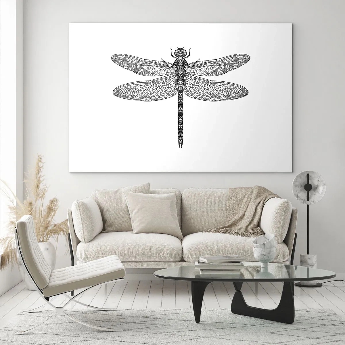 Cuadro sobre vidrio - Impresiones sobre Vidrio - Ilustración detallada de una libélula en estilo grabado sobre un fondo blanco. - 70x50cm - Precisión de la naturaleza - Decoración de pared moderna para salón y dormitorio ARTTOR