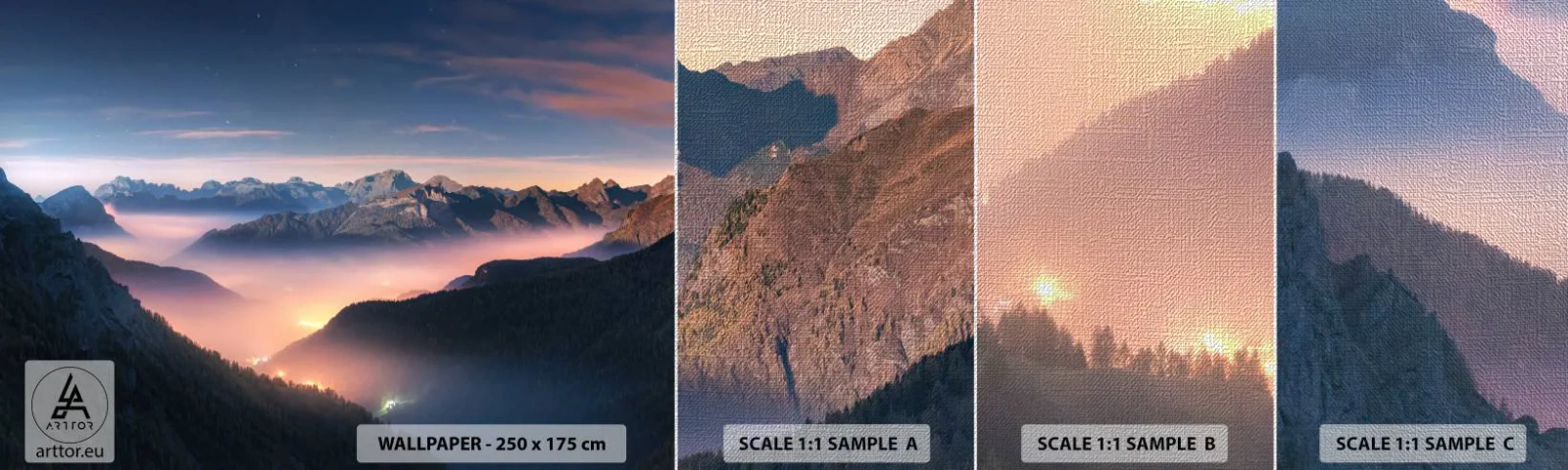 Muestra de fotomural Premium Canvas - Luz en los valles - Paisaje, Montañas, Bosque - 100x30 cm