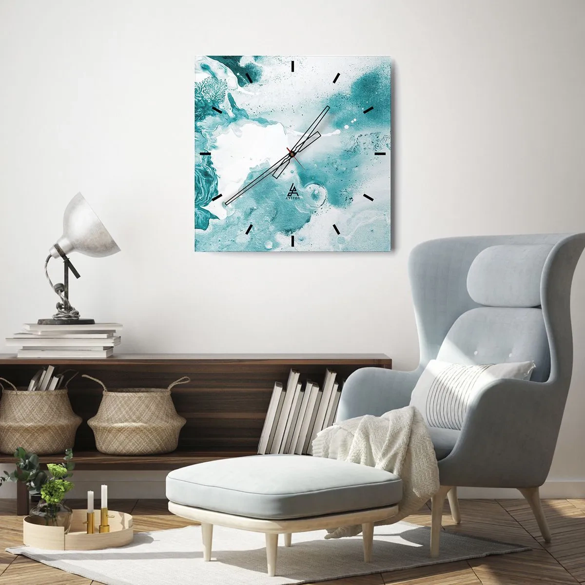 Reloj de pared - Reloj de vidrio - Abstracción en tonos azules con delicados acentos de blanco. - 30x30cm - Remansos de azul - Decoración de pared moderna para salón y dormitorio ARTTOR